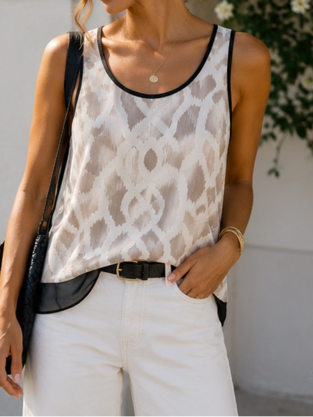 New York & Company White and Taupe Printed Sleeveless Tank with Black Trim